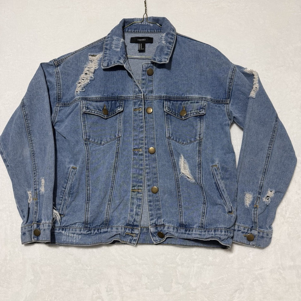 FOREVER 21 Denim Jean Jacket Women's Size Medium Distressed Ripped Concert